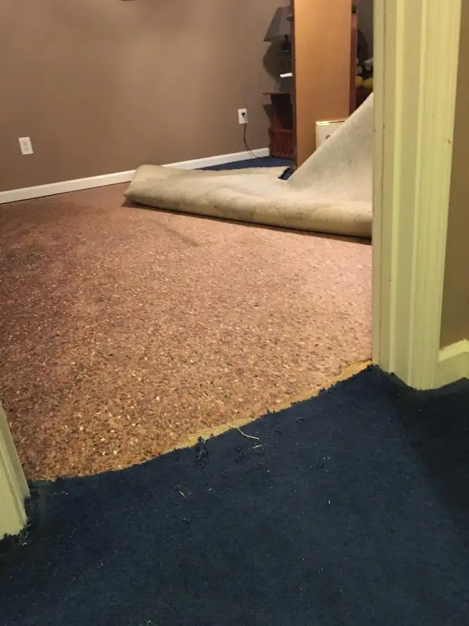 Carpet pad removal revealing water damage during Water Mitigation Services in Indian Wells